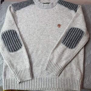Timberland Wool Tactical Gray Pullover Sweater Mens XL Elbow Patches Ribbed Logo